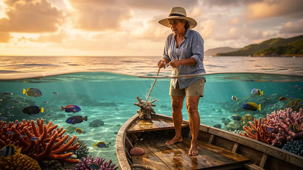 Pêche en mer Martinique : femme en bateau face à une tresse cassée sur le corail coloré