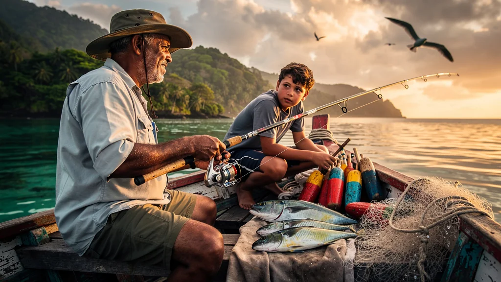 Bateau de pêche en Martinique avec guide local utilisant techniques traditionnelles et poissons tropicaux frais