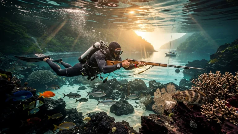 Plongée en chasse sous-marine entre l'anse Noire et l'anse Dufour avec paysage marin hyper-réaliste