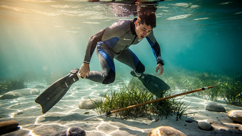 Freediver en eau peu profonde avec palmes trop rigides, lutte contre résistance pour chasse efficace