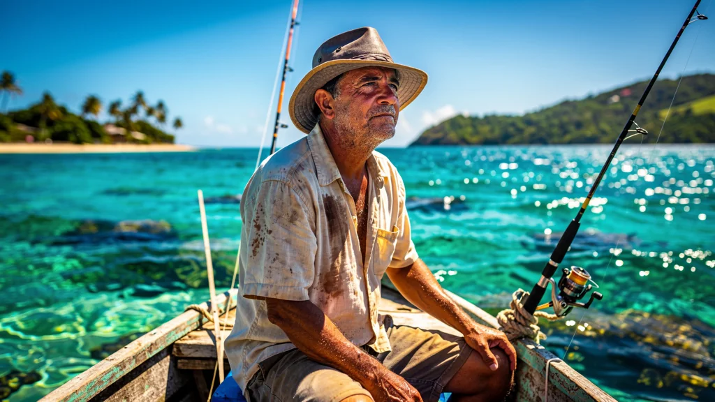 Pêcheur épuisé sous le soleil intense de Martinique après une session de pêche de 5 heures