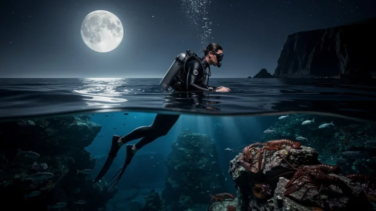 Nuit de pêche à la langouste en apnée, plongeur patient sous la lumière de la lune sur l’océan calme