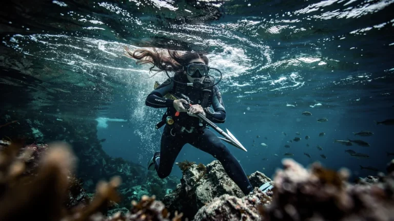 Plongeuse en chasse sous-marine seule affrontant un fort courant, illustrant un danger imprudent