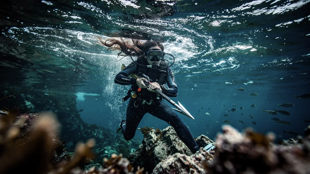Plongeuse en chasse sous-marine seule affrontant un fort courant, illustrant un danger imprudent