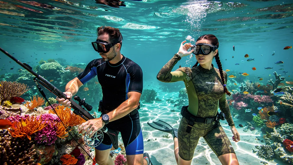Comparaison ultra-réaliste de deux shortys pour chasse sous-marine tropicale en eau claire