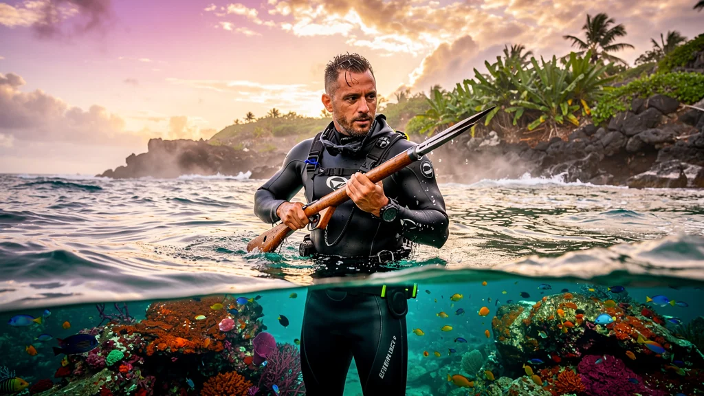 Chasse sous-marine à l’aube en Martinique avec un plongeur et un paysage marin lumineux