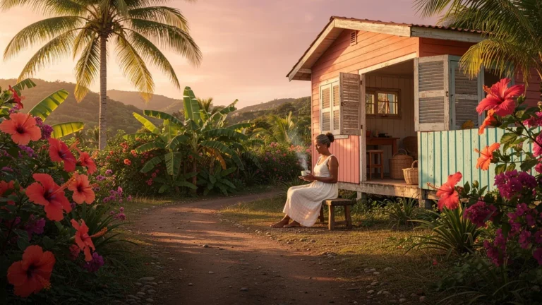 Paysage authentique de Martinique avec maison créole et nature luxuriante au coucher du soleil paisible