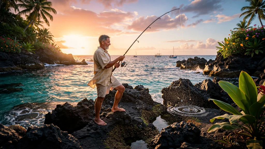 Pêche du bord en Martinique : un pêcheur solitaire sur la côte rocheuse au lever du soleil