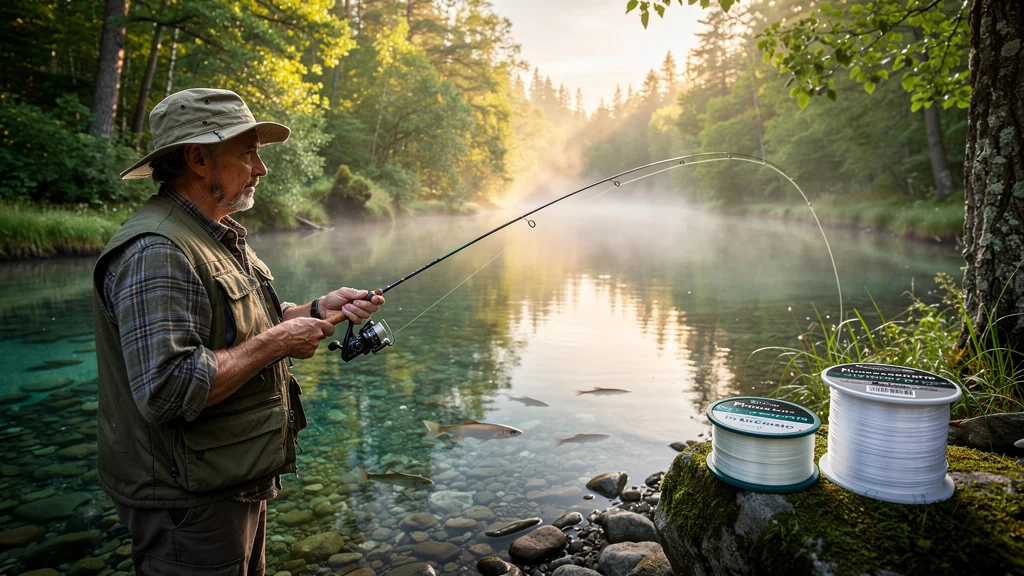 Pêcheur en eau claire utilisant une ligne fluorocarbone, illustrant l'alternance nylon-fluorocarbone efficace