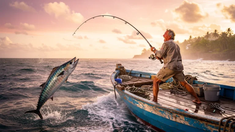 Pêcheur tirant un thazard sur un bateau au large de Sainte-Luce au lever du soleil
