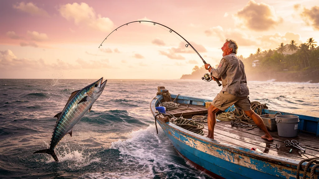 Pêcheur tirant un thazard sur un bateau au large de Sainte-Luce au lever du soleil