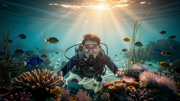 Immersion sous-marine au matin avec visibilité cristalline et émotion intense dans le masque de plongée
