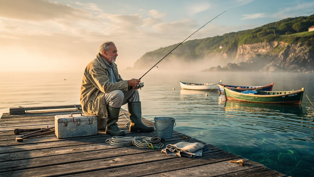 Homme sédentaire pêchant en mer au lever du jour, illustration du permis de pêche à 30 euros