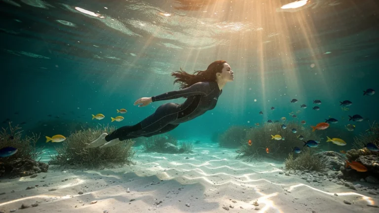Silence sous l'eau sans bouteille avec un apnéiste en méditation, immersion profonde et calme absolu