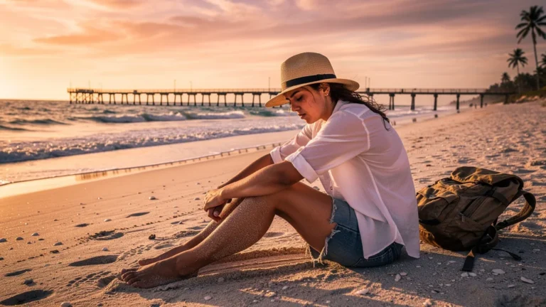 Personne seule attend sur la plage au coucher de soleil, symbolisant l’angoisse et l’attente prolongée