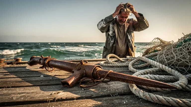 Fusil de pêche rouillé sur un quai après une sortie en mer, symbole d'un matériel mal rincé