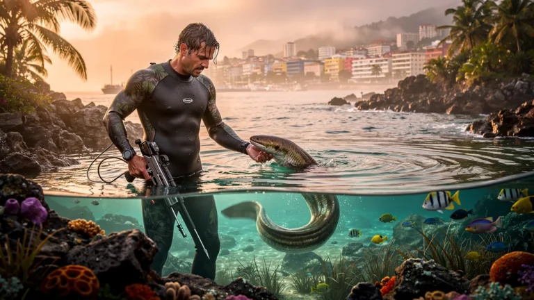 Spearfisherman libérant un congre à Fort-de-France, illustrant la réglementation locale de chasse sous-marine
