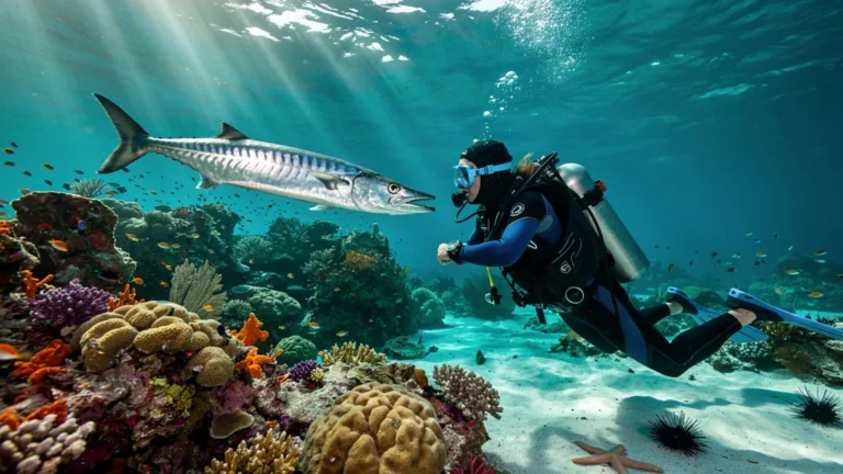 Une plongeuse suivie par un barracuda aux Anses-d'Arlet, moment de connexion sous-marine intense