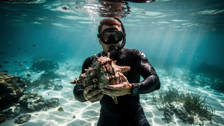 Freediver remontant un lambis de 3 kg en chasse sous-marine avec fierté brute à deux mètres de profondeur