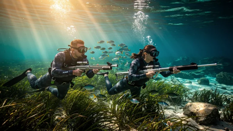 Spearfishing coastal test avec fusils arbalète 75 cm et 90 cm dans herbiers sous-marins clairs