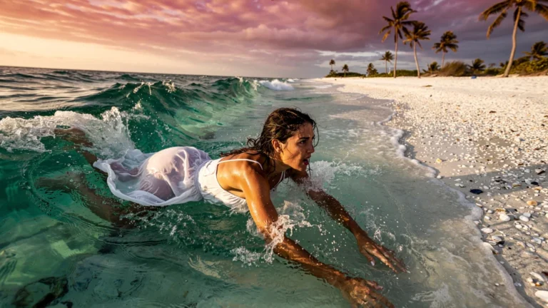 Jeune femme emportée par le fort courant aux Salines, éloignée du bord dans une mer turquoise lumineuse