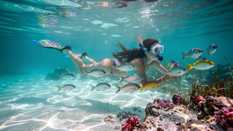 Snorkeling aux Salines avec poissons colorés entourant sans crainte une femme émerveillée