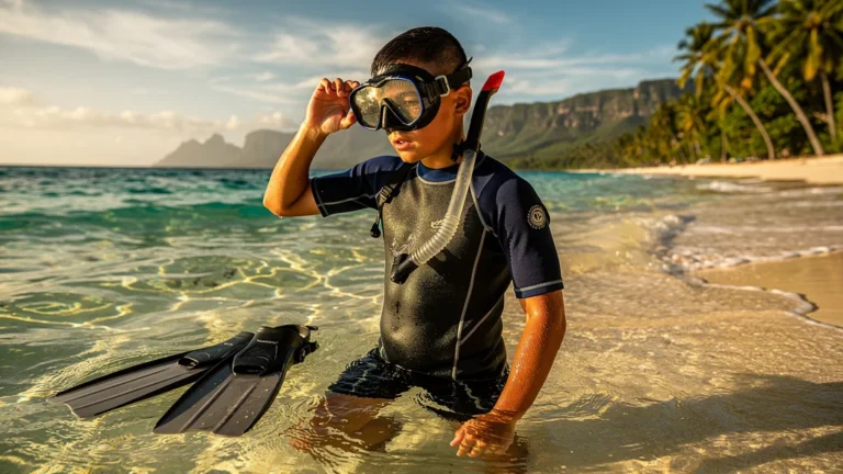 Jeune snorkeleur ajustant la sangle du masque en eau claire, découverte essentielle en snorkeling débutant