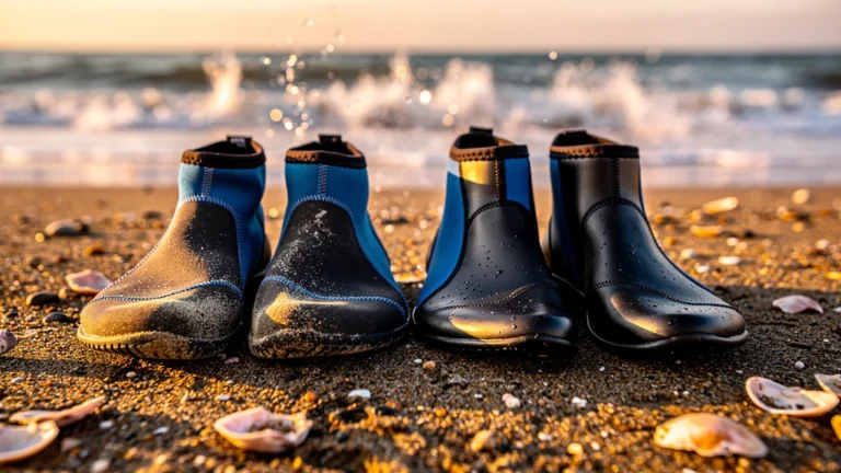 Comparaison de deux paires de chaussons néoprène usés après cinq sorties sur sable