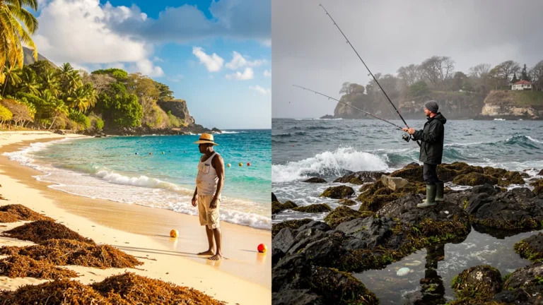 Comparaison photographique réaliste de la pêche du bord en Martinique avec sargasses et en métropole au même mois