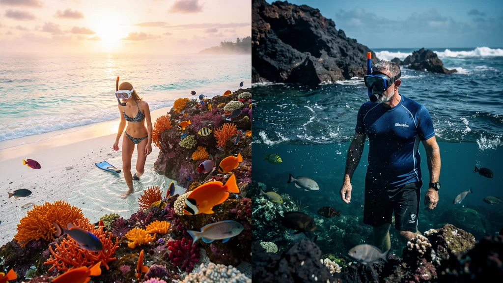 Comparaison snorkeling aux Salines et au Robert sur deux matinées, ambiance matin calme et eau cristalline