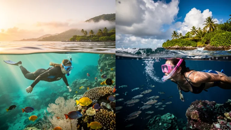 Comparaison snorkeling matin et après-midi à Tartane avec vie marine et lumière naturelle hyper-réaliste