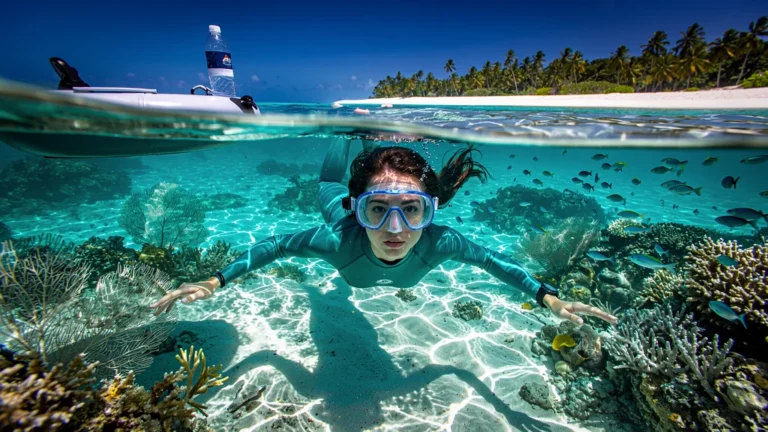 Jeune femme en snorkeling sous un soleil éclatant, eau cristalline et corail vibrant en arrière-plan