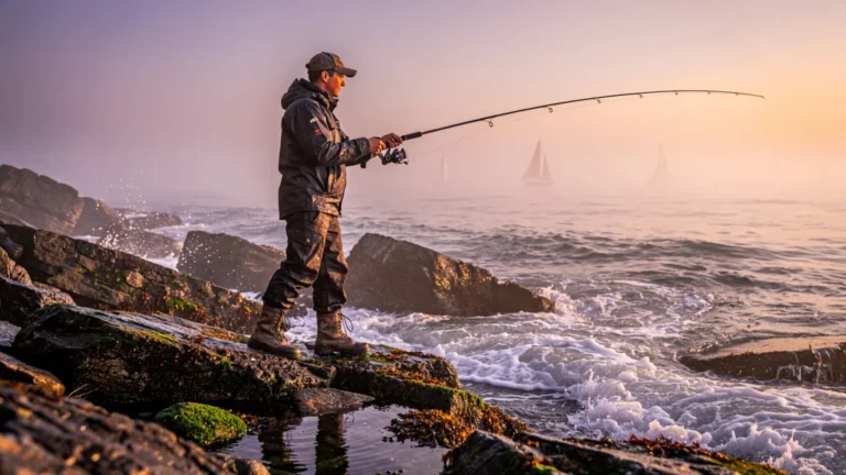 Pêche du bord en métropole au lever du soleil avec un pêcheur concentré sur un rivage rocheux
