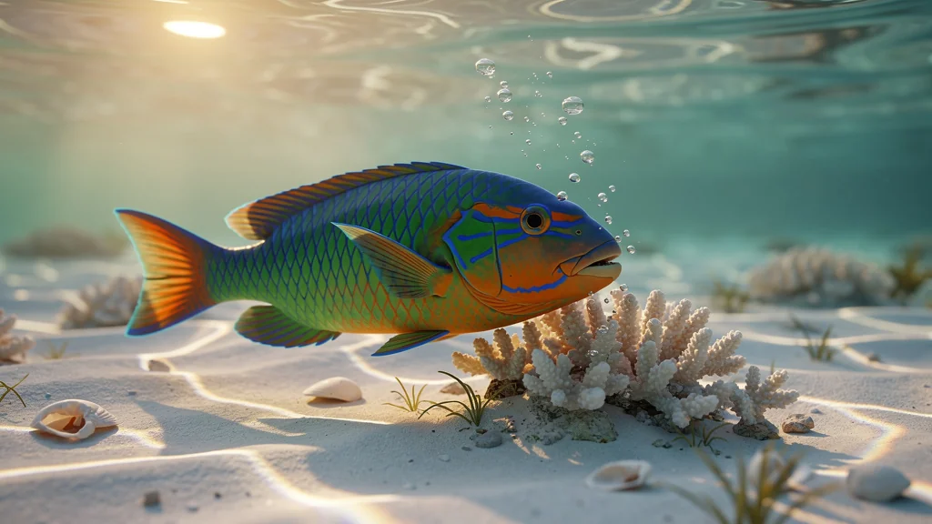 Poisson-perroquet coloré nageant aux fonds blancs du Robert au lever du jour, immersion marine réaliste