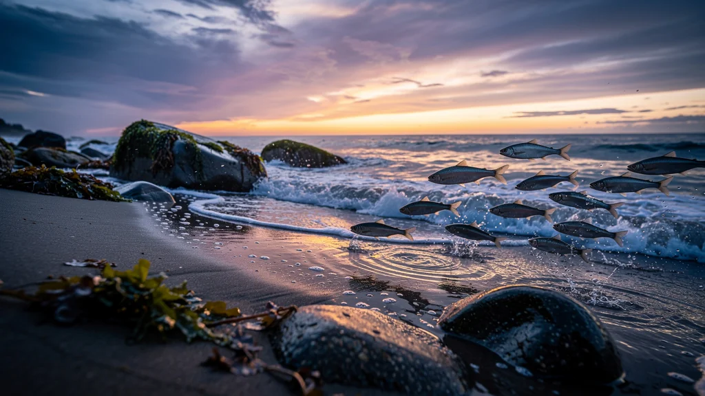 Soir à la marée montante réveillant les poissons à la tombée du jour en bord de mer calme