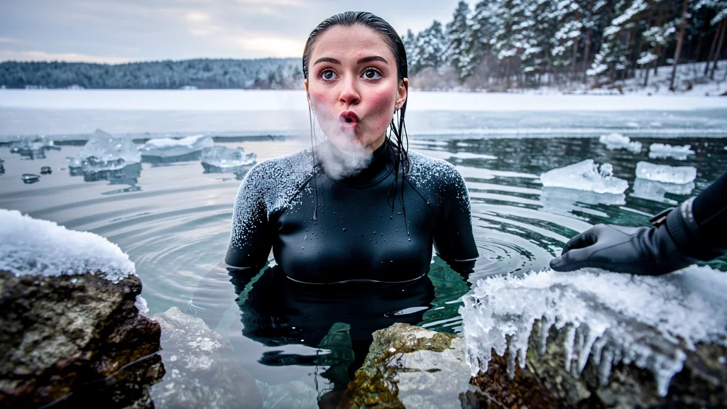 Femme en plongée libre en eau froide, émergente d’un lac glacé entouré de pins enneigés