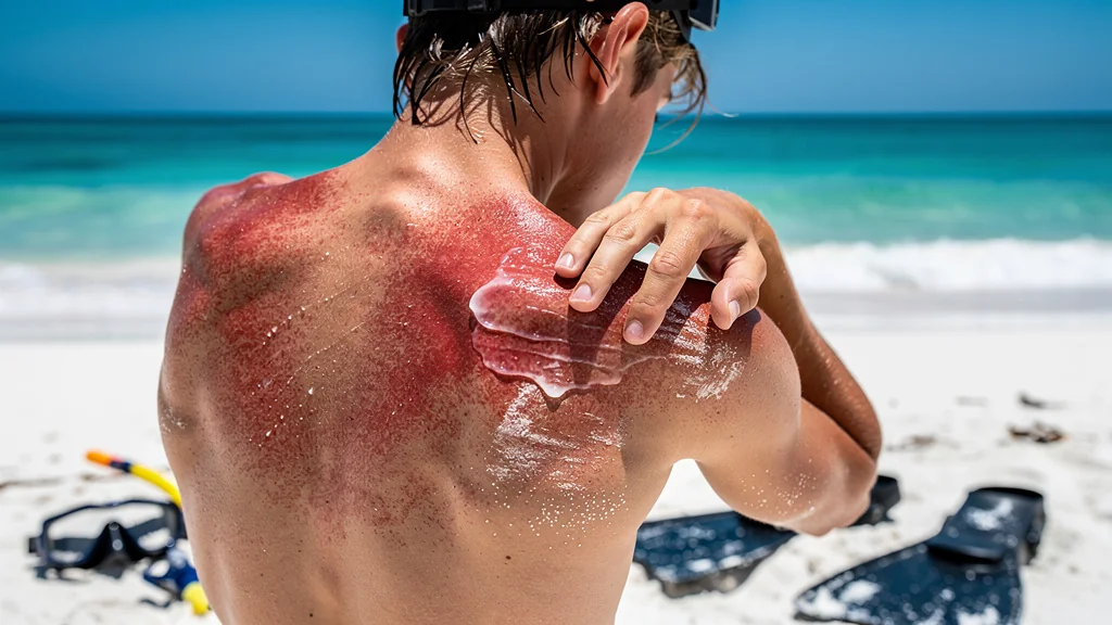Jeune adulte avec dos brûlé après snorkeling sans lycra anti-UV sur plage tropicale ensoleillée