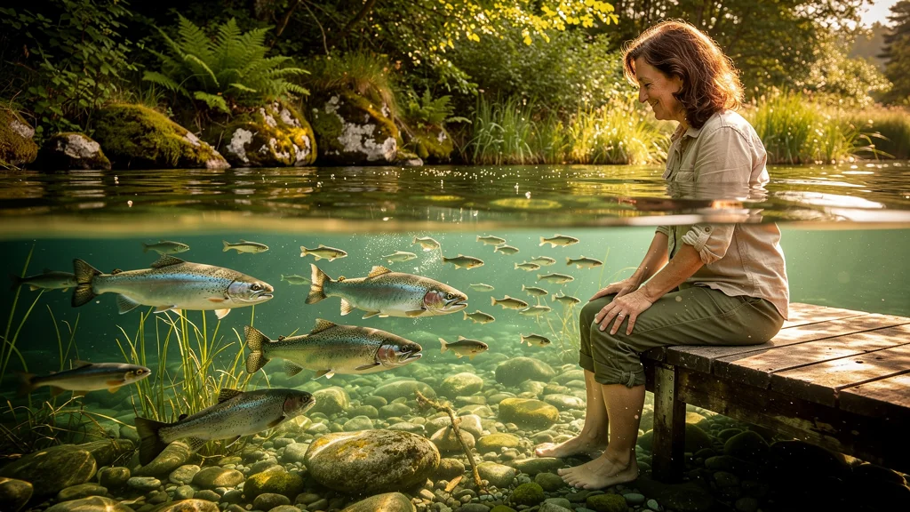 Observer les poissons sans les nourrir crée une relation durable et naturelle au bord d’un lac clair