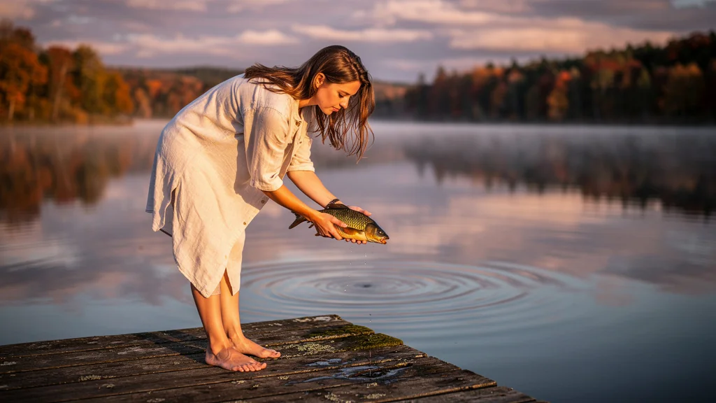 Femme relâchant un poisson magnifique au bord d’un lac paisible au coucher du soleil, moment de révélation