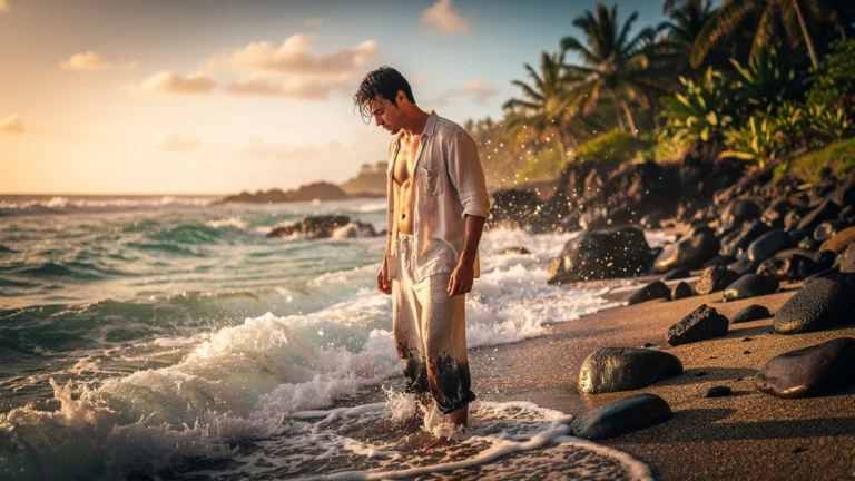 Jeune homme face au courant puissant à Sainte-Marie respectant la mer des Caraïbes au coucher du soleil