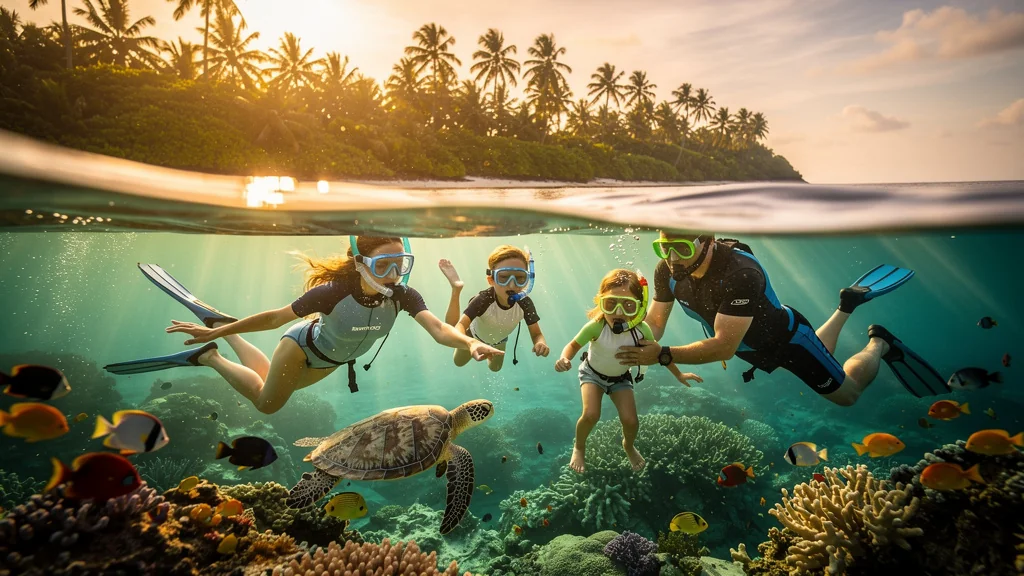 Famille snorkeling matin calme eau claire expérience nature meilleure qu'à midi