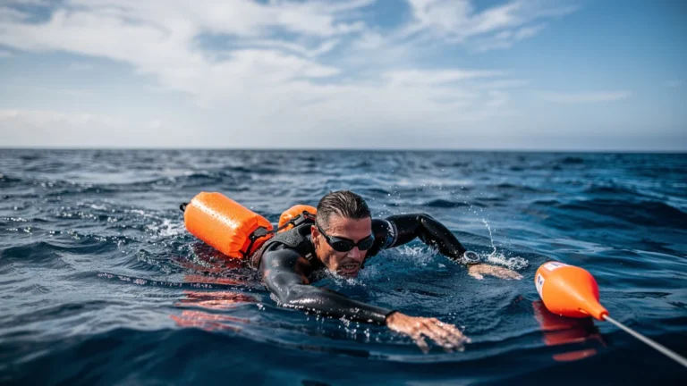Nageur testant deux bouées de signalisation loin du bord en mer lors de sorties en eau libre