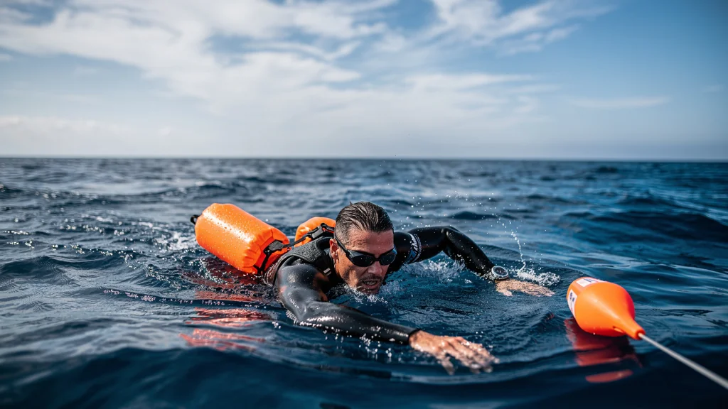 Nageur testant deux bouées de signalisation loin du bord en mer lors de sorties en eau libre