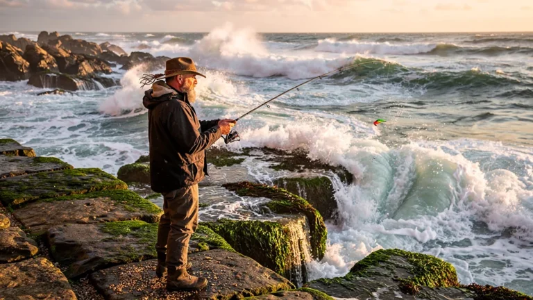 Pêche du bord sur une jetée atlantique à marée montante et descendante avec lecture de la mousse et de l’écume