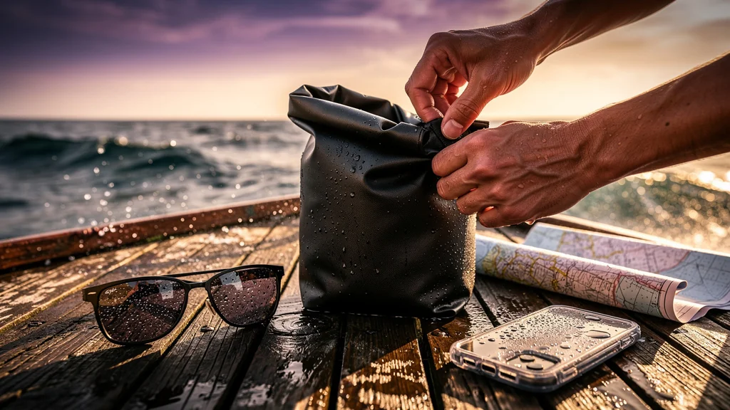 Sac étanche testé en mer pendant cinq sorties, étanchéité et fermeture sécurisée au premier plan