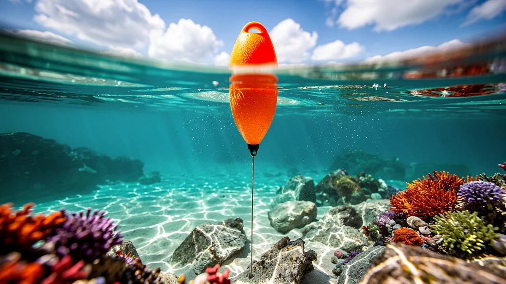 Bouée orange de chasse sous-marine flottant sur eau claire avec cordage et fond marin rocheux
