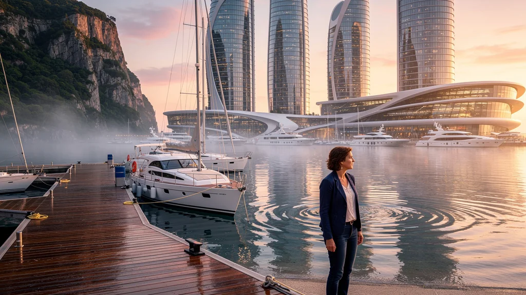 Vue réaliste d’une cite marine au lever du jour avec marina, bateaux et femme contemplant l’horizon