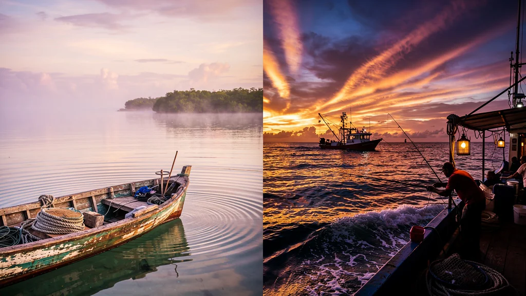 Comparaison pêche du calmar au lever du jour et au crépuscule sur la côte caraïbe