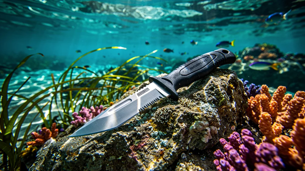 Couteau de plongée professionnel posé sur un rocher corallien sous-marin, éclairage naturel et détails ultra-réalistes