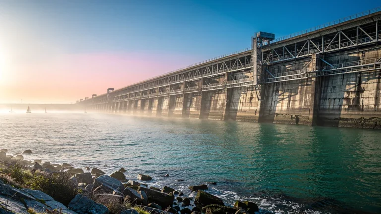 Vue hyper-réaliste d’un dam marine au lever du jour, structure côtière solide en bord de mer calme